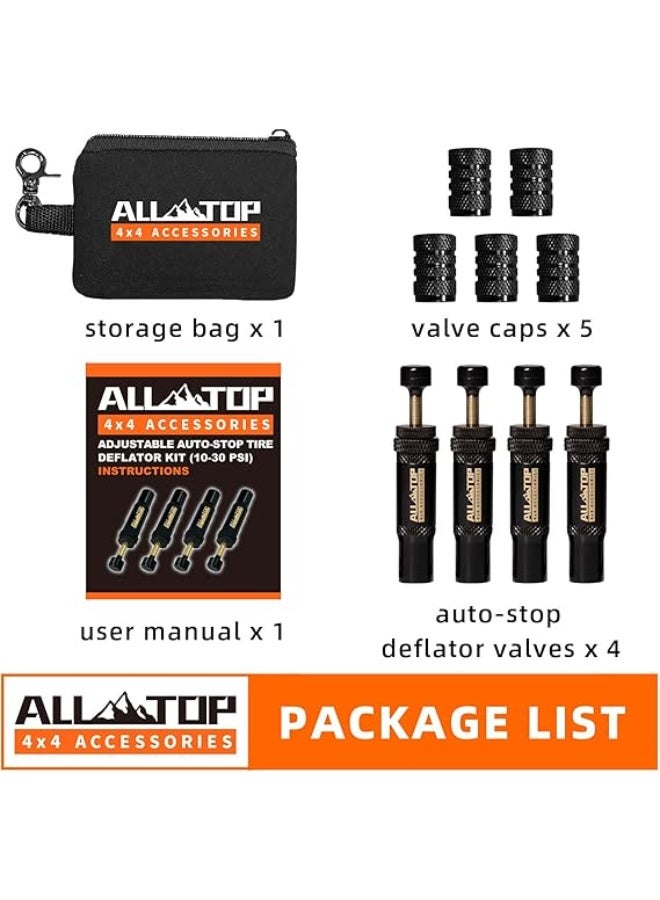 ALL-TOP مجموعة صمام تخفيض ضغط الإطارات القابل للتعديل من ALL-TOP المزود بإيقاف تلقائي (10-30 PSI) 4 قطع أداة نفخ الإطارات القابلة للبراغي للطرق الوعرة 4x4 (مع 5 أغطية صمامات) - Image 4